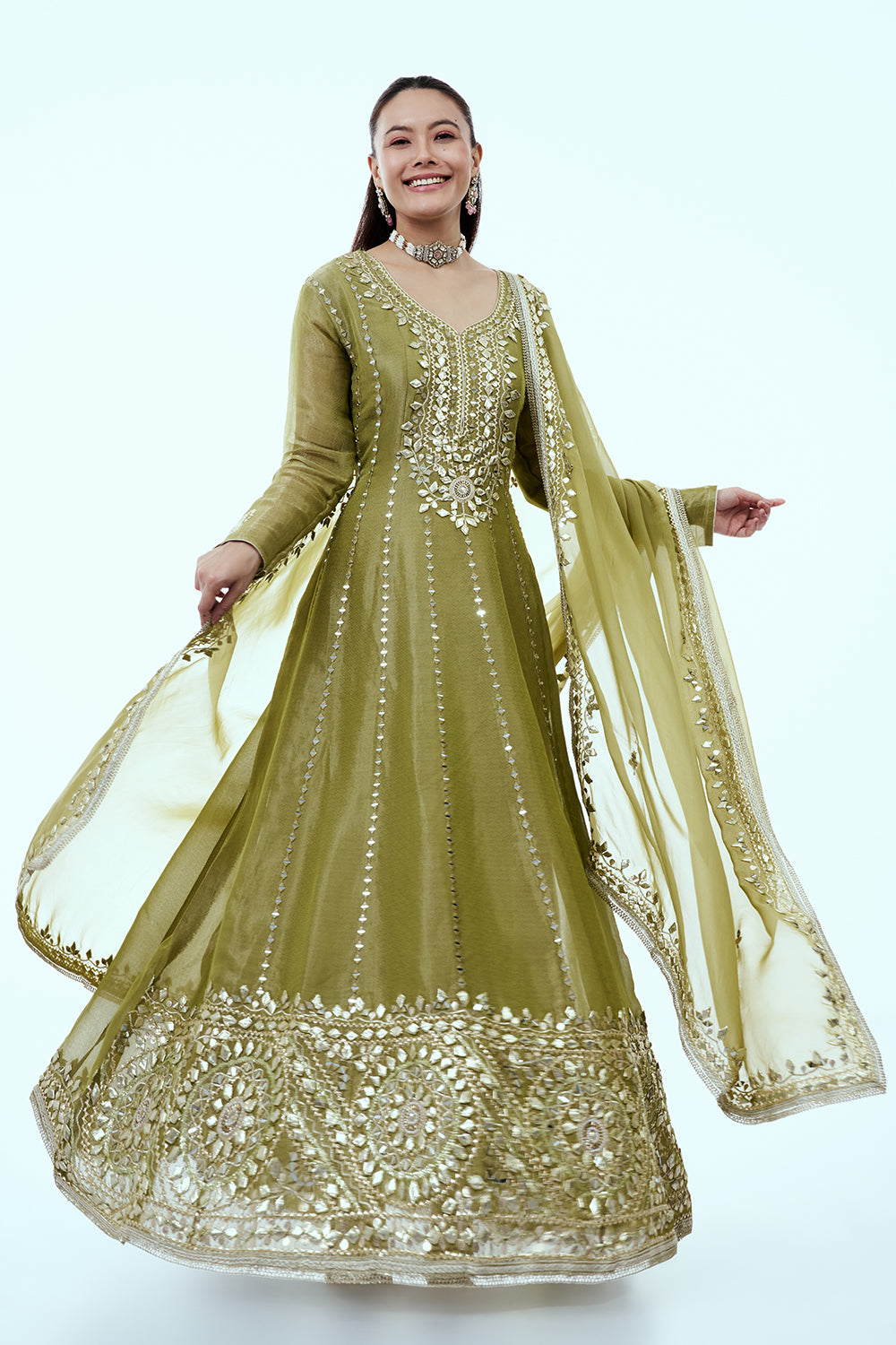 Green Shimmer Tissue Anarkali Set with Gota Work