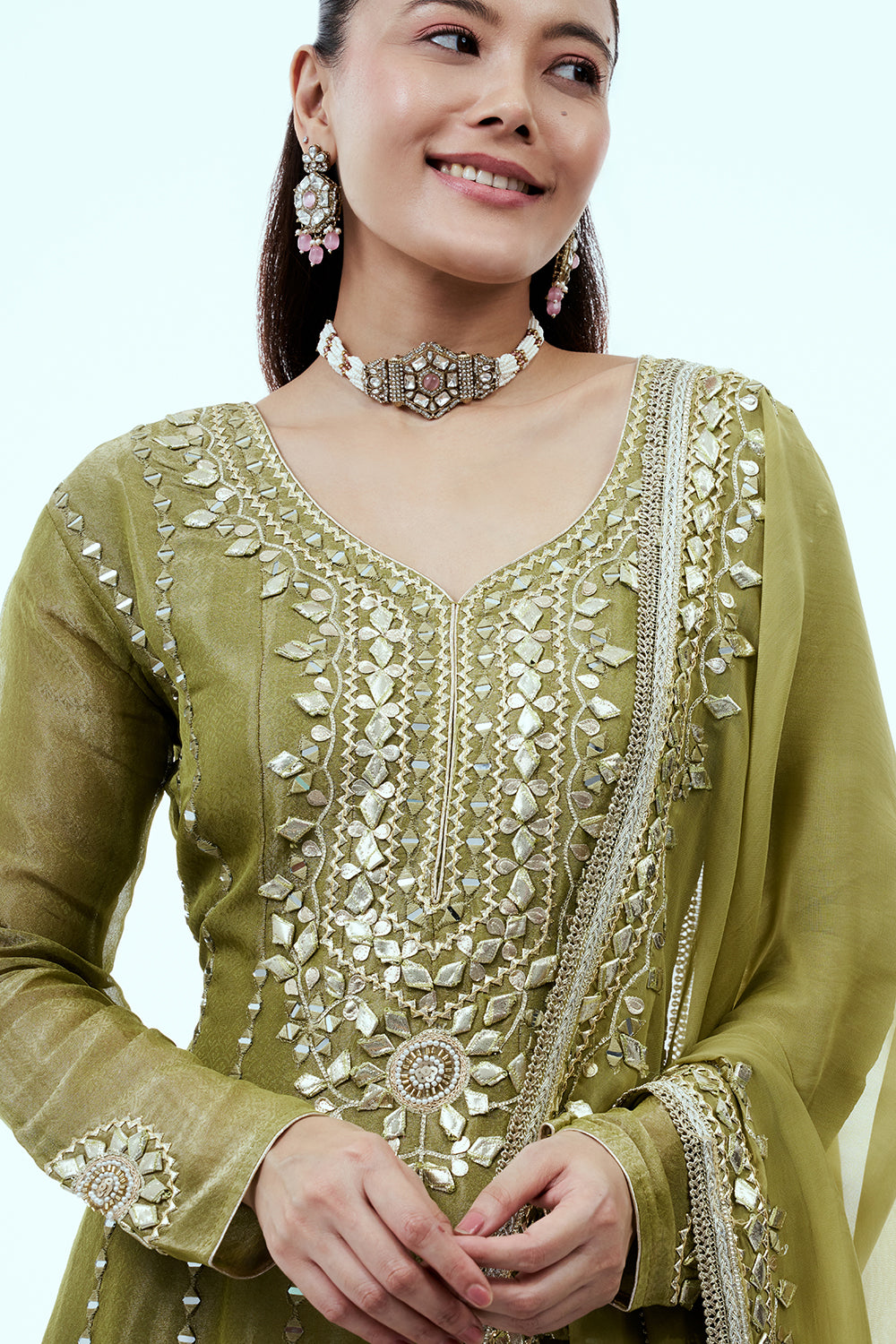 Green Shimmer Tissue Anarkali Set with Gota Work