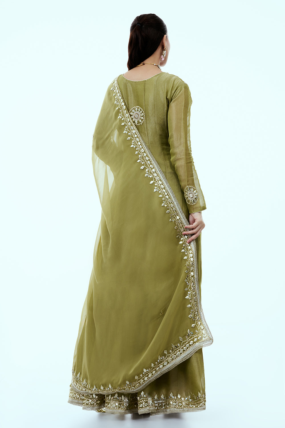 Green Shimmer Tissue Anarkali Set with Gota Work
