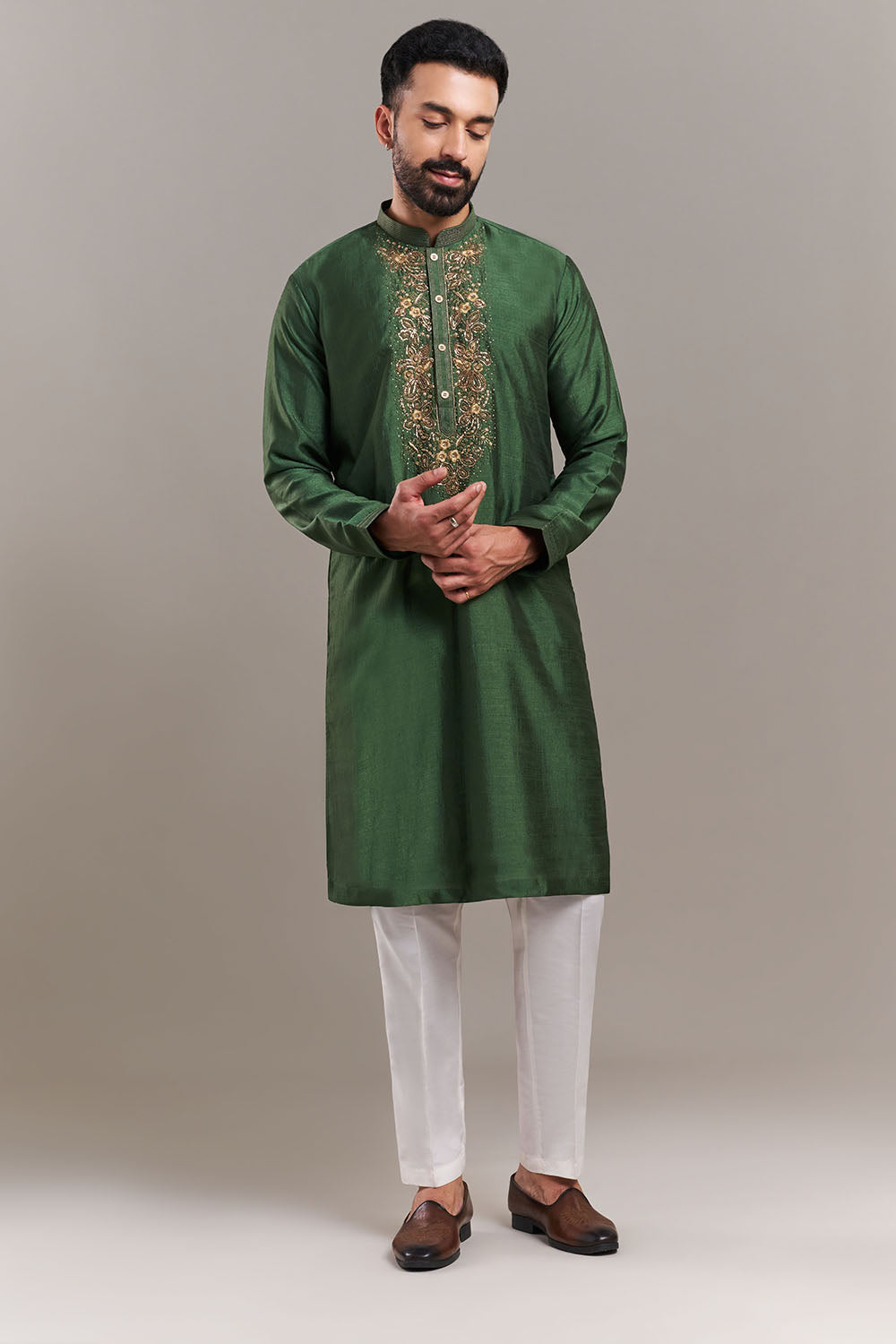 Green Silk Blend Ornate Yoke Men's Kurta Set