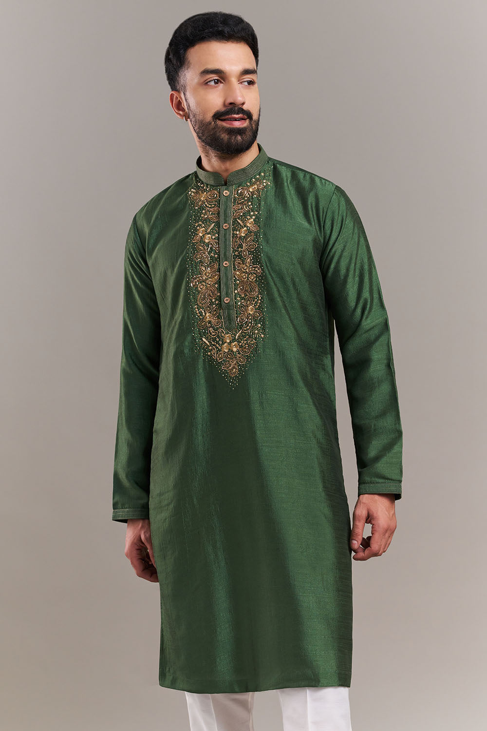 Green Silk Blend Ornate Yoke Men's Kurta Set