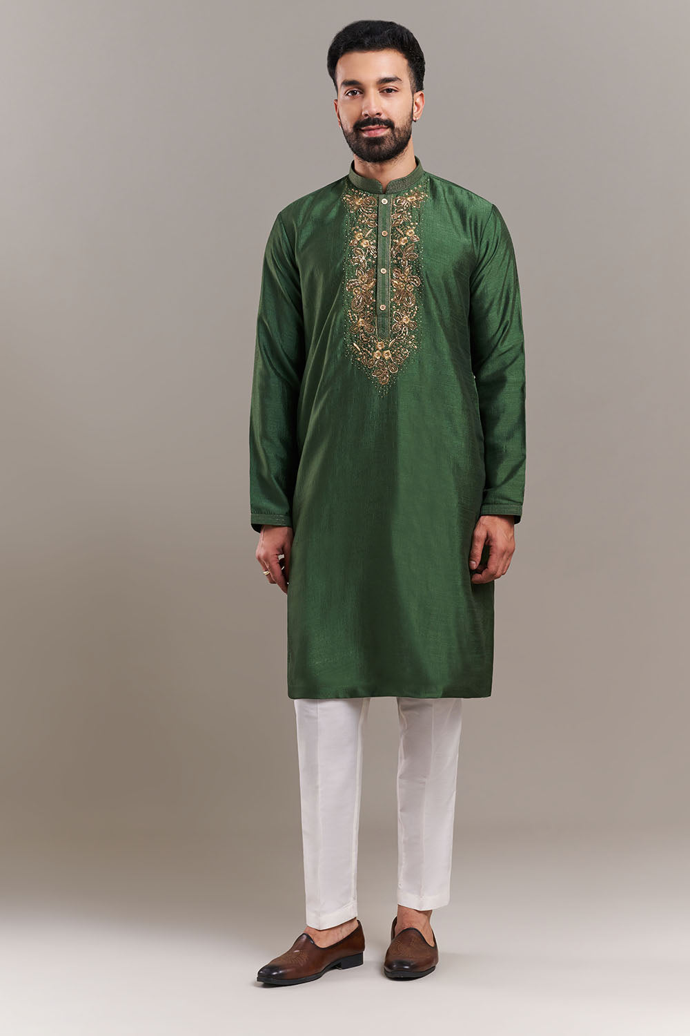 Green Silk Blend Ornate Yoke Men's Kurta Set