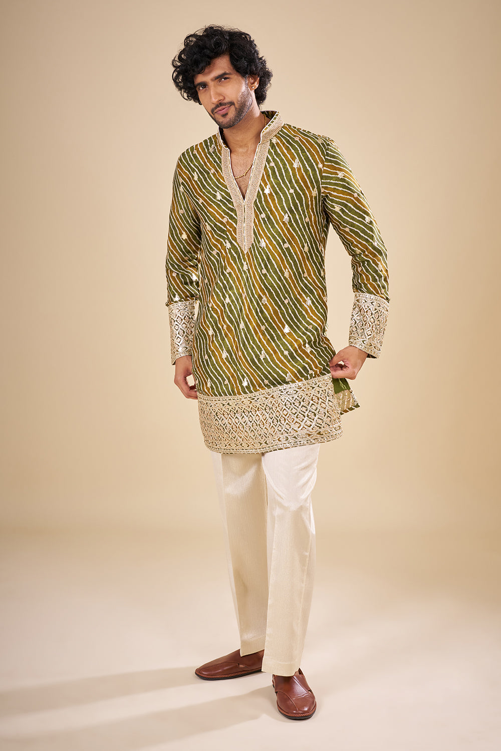 Green Silk Leheriya Embroidered Kurta Set