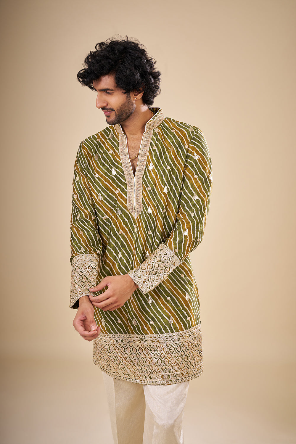Green Silk Leheriya Embroidered Kurta Set