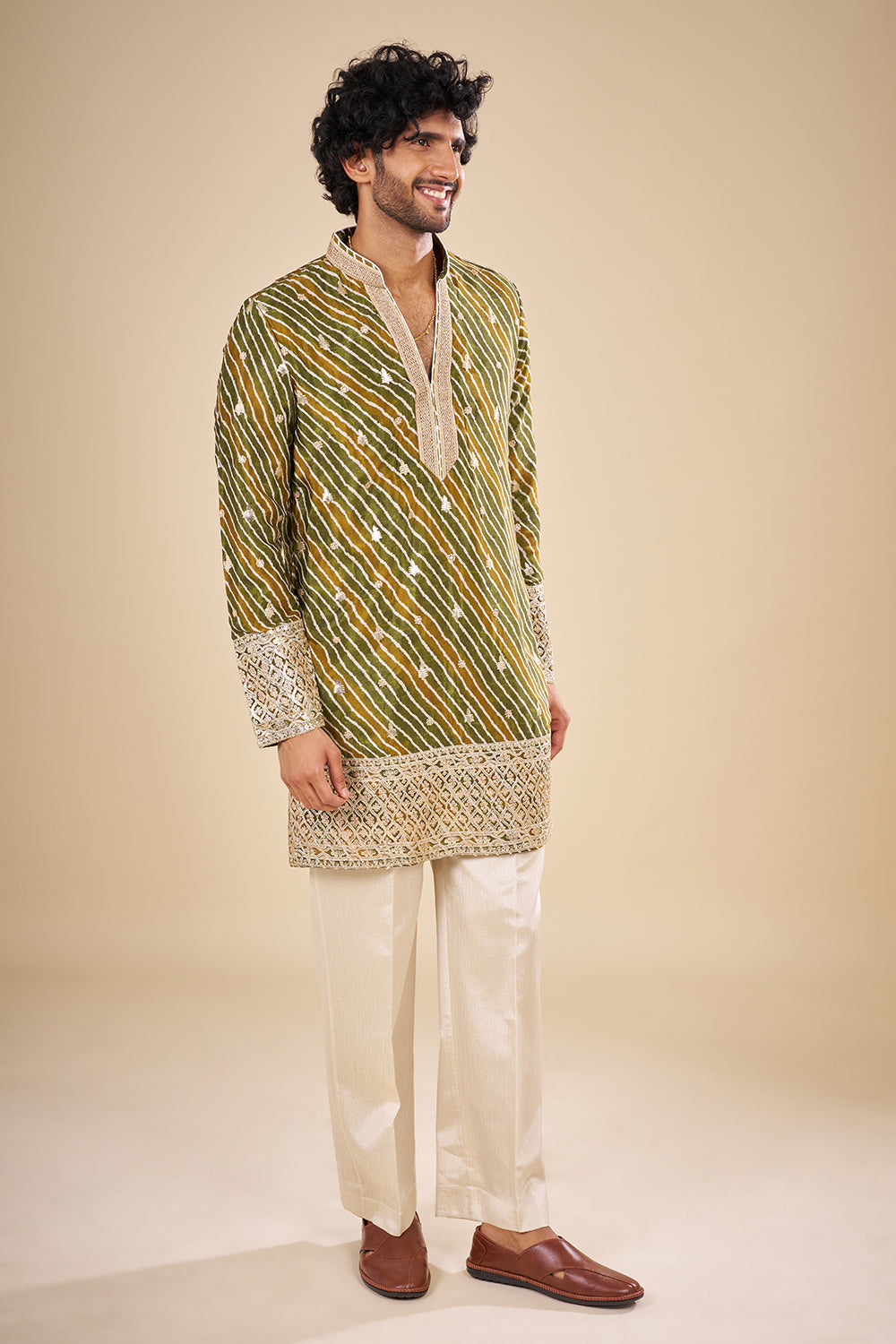 Green Silk Leheriya Embroidered Kurta Set