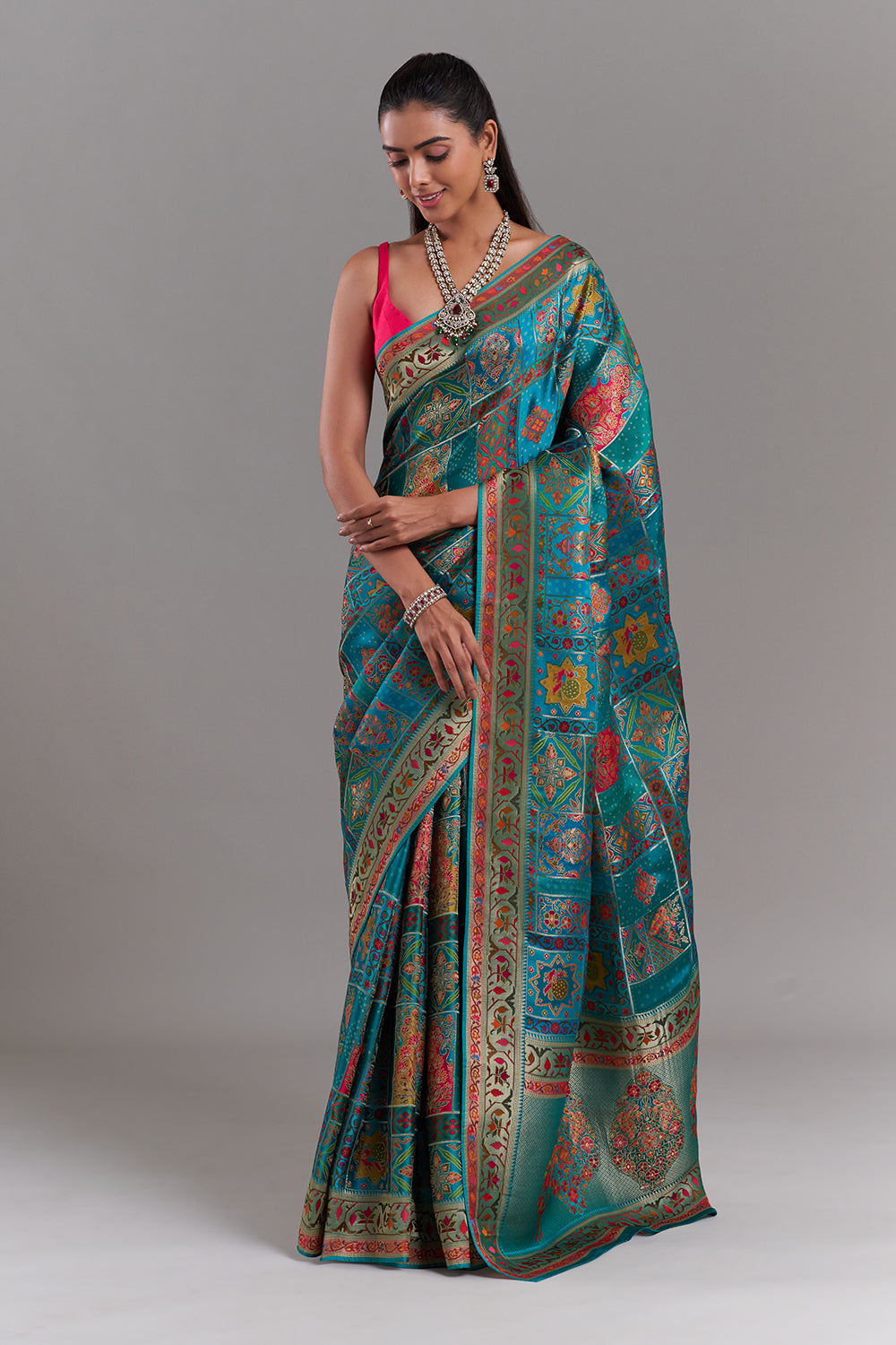 Aqua Blue Silk Saree With Heritage-Inspired Prints