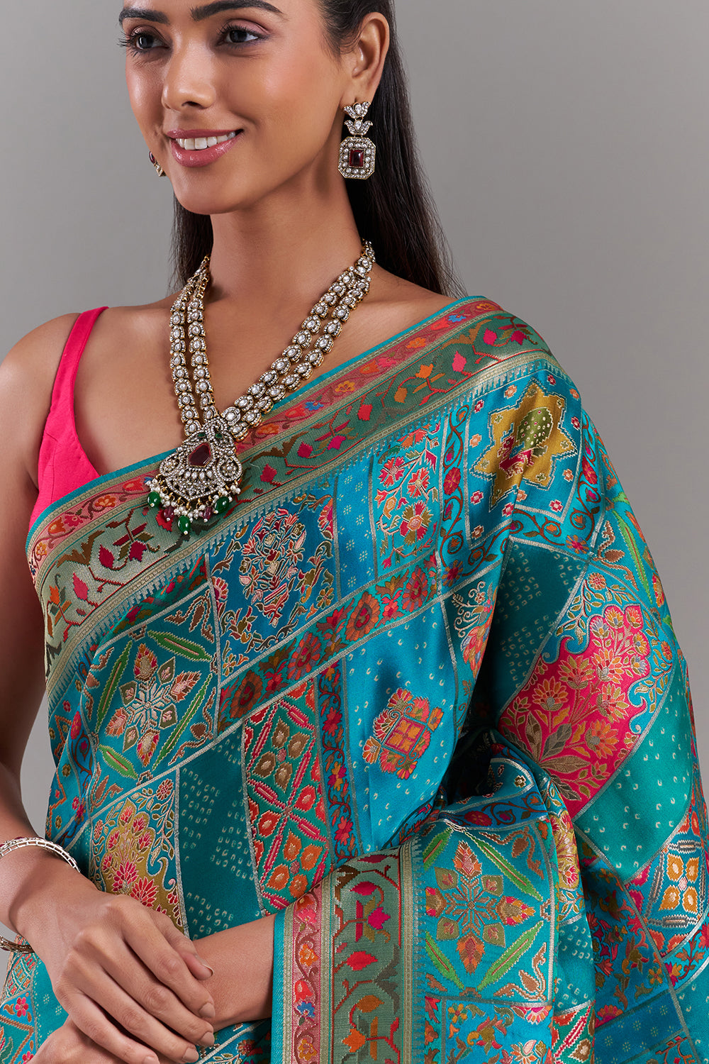 Aqua Blue Silk Saree With Heritage-Inspired Prints
