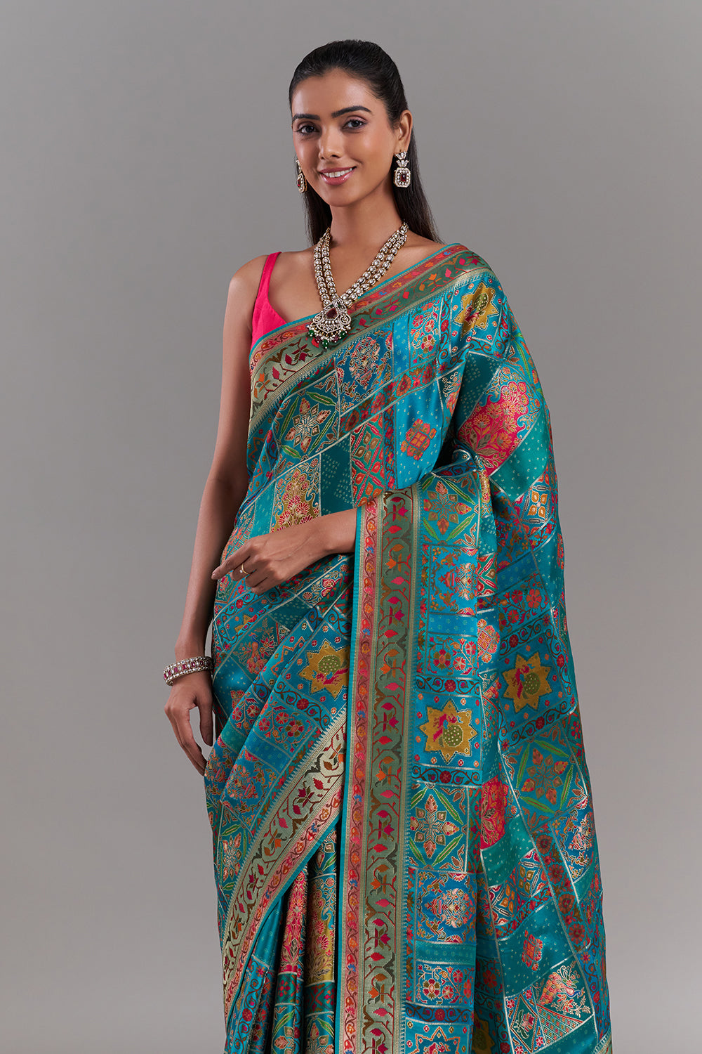Aqua Blue Silk Saree With Heritage-Inspired Prints