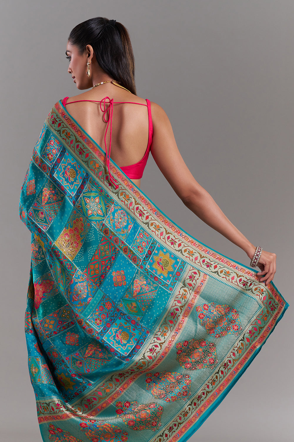 Aqua Blue Silk Saree With Heritage-Inspired Prints