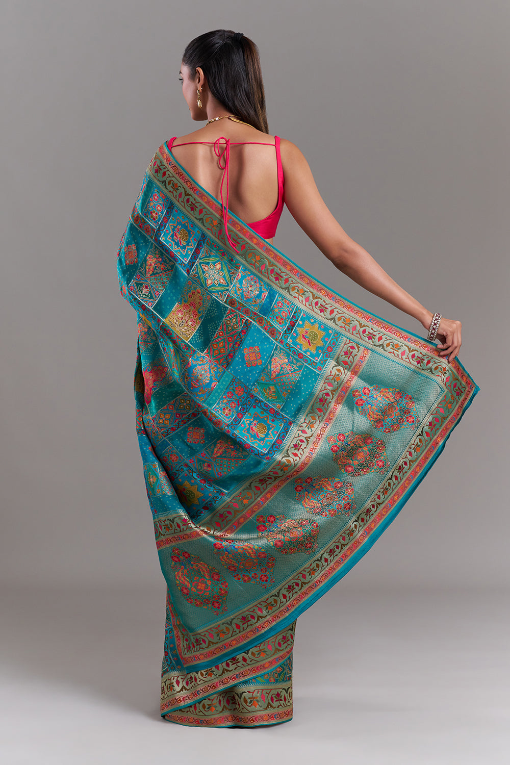 Aqua Blue Silk Saree With Heritage-Inspired Prints
