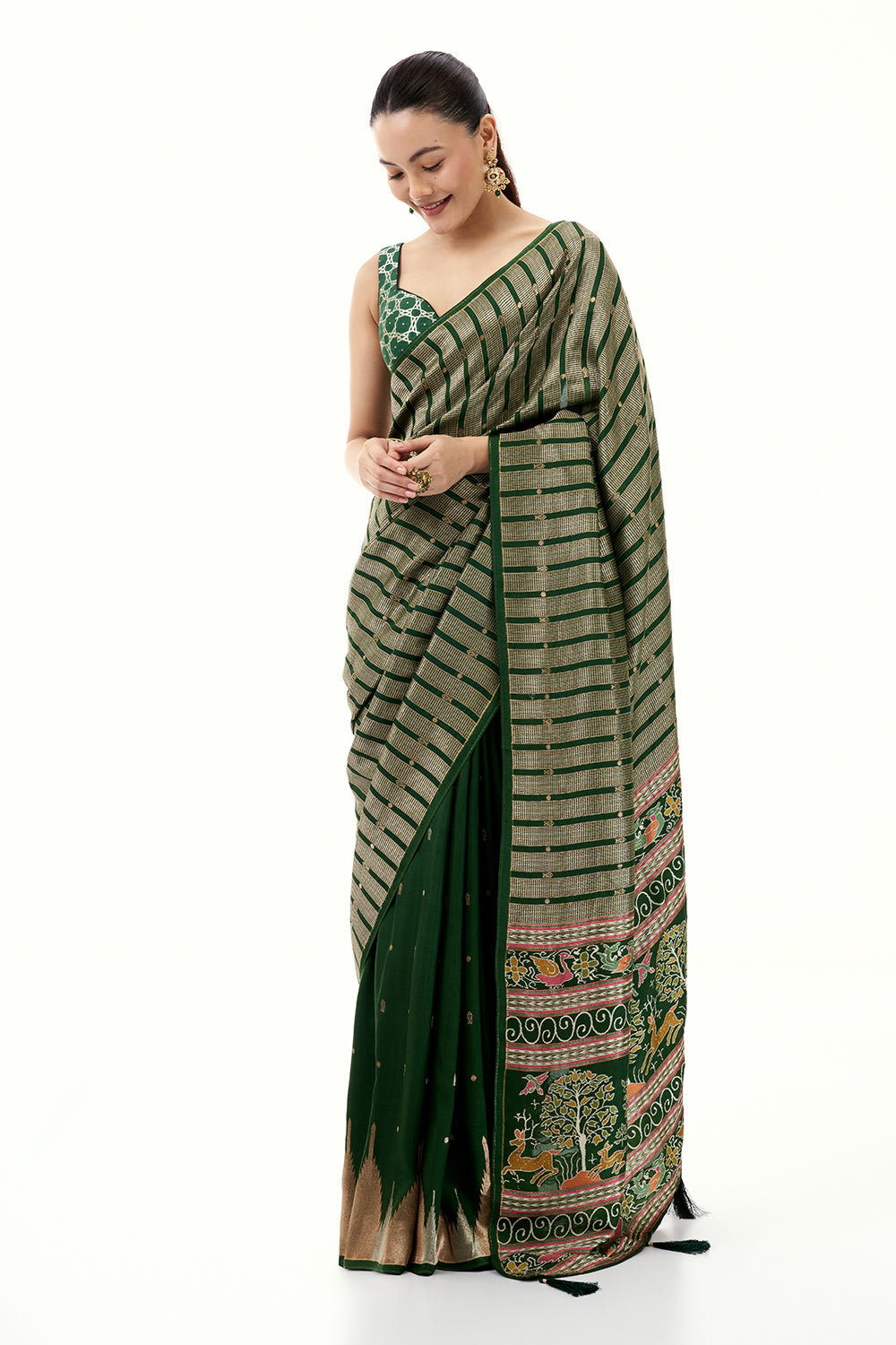 Green Silk Woven Saree with Nature Motifs
