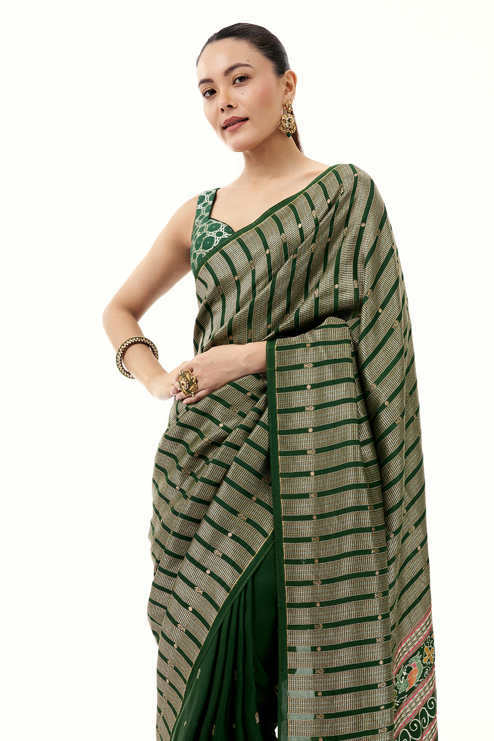 Green Silk Woven Saree with Nature Motifs