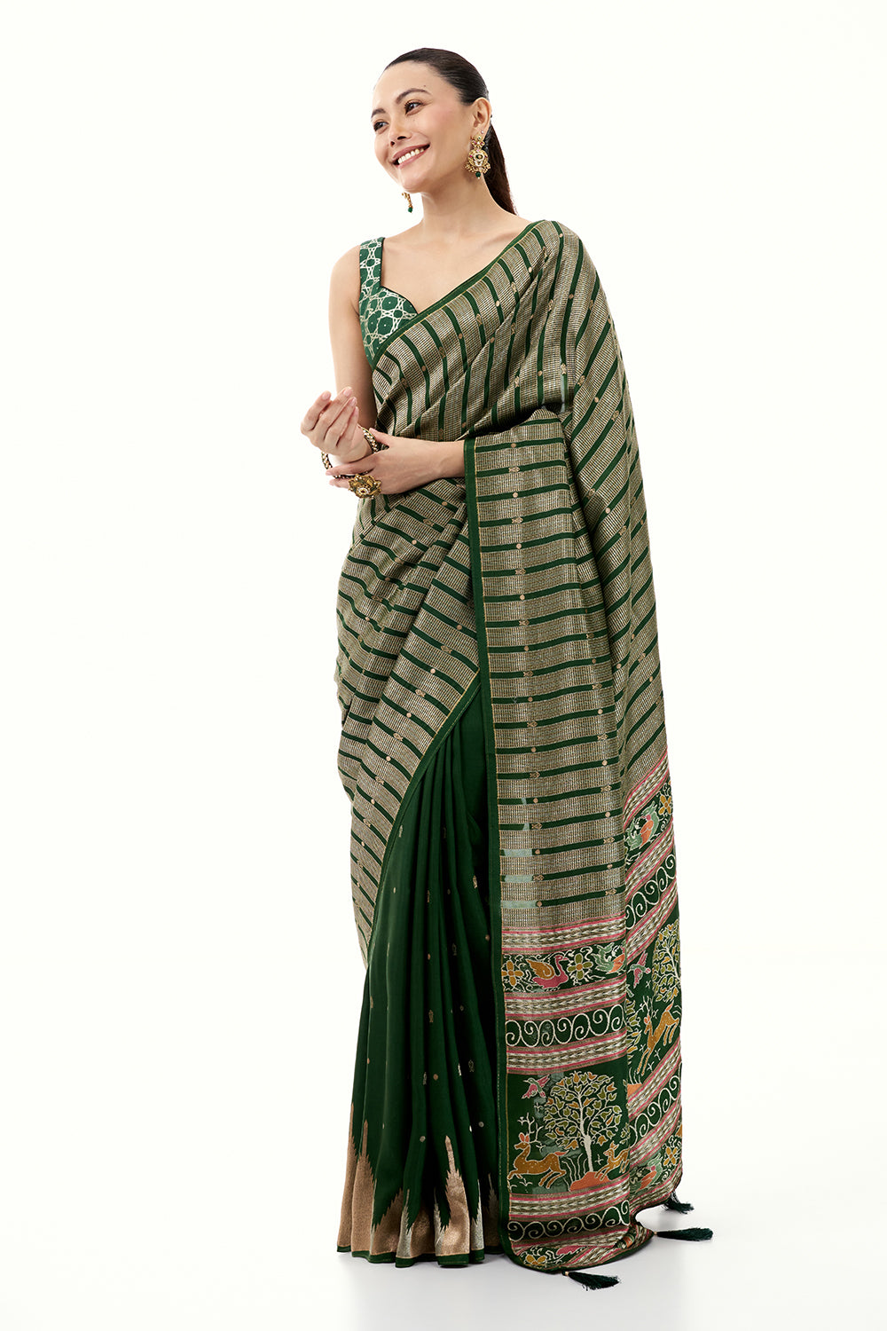 Green Silk Woven Saree with Nature Motifs