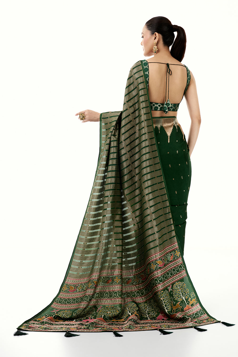 Green Silk Woven Saree with Nature Motifs