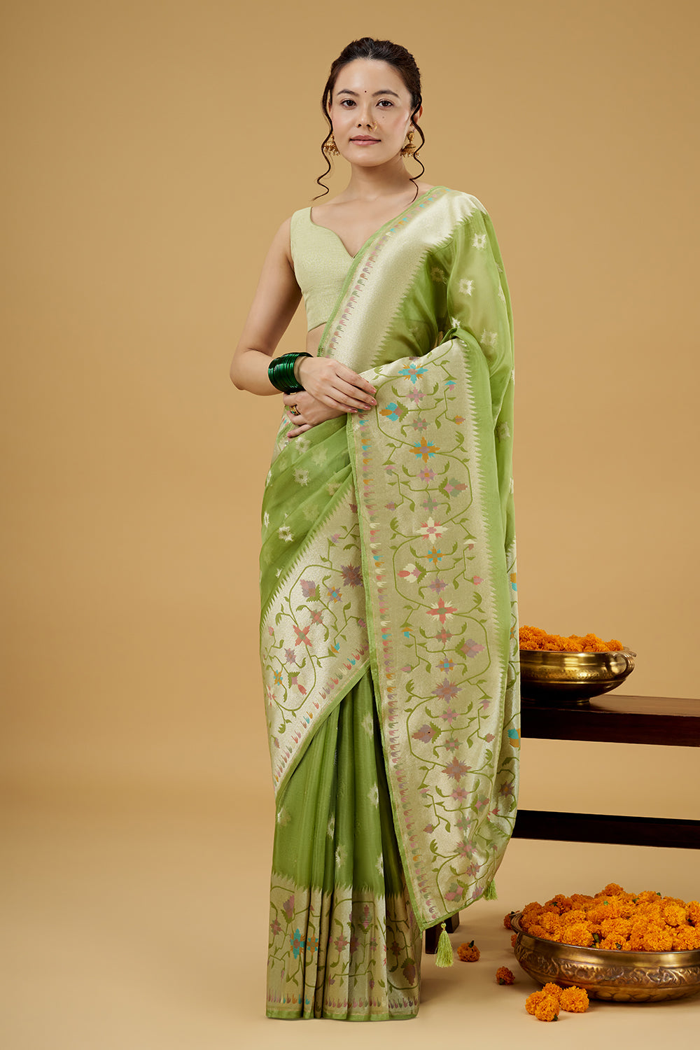 Green Tissue Saree with Multicolor Thread Work