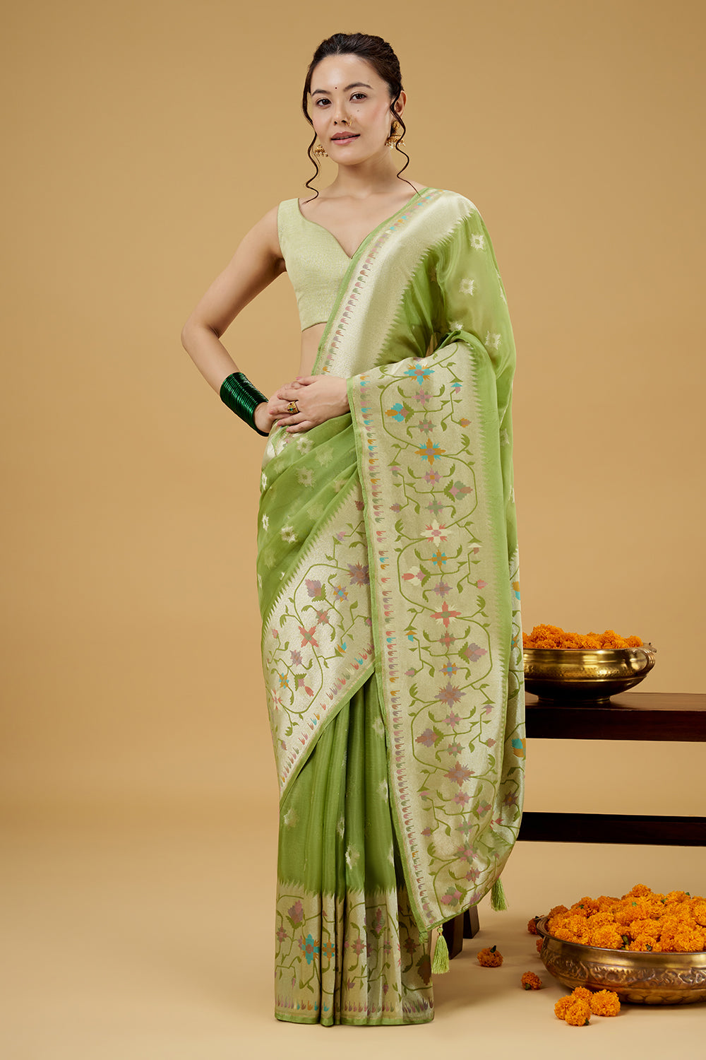 Green Tissue Saree with Multicolor Thread Work