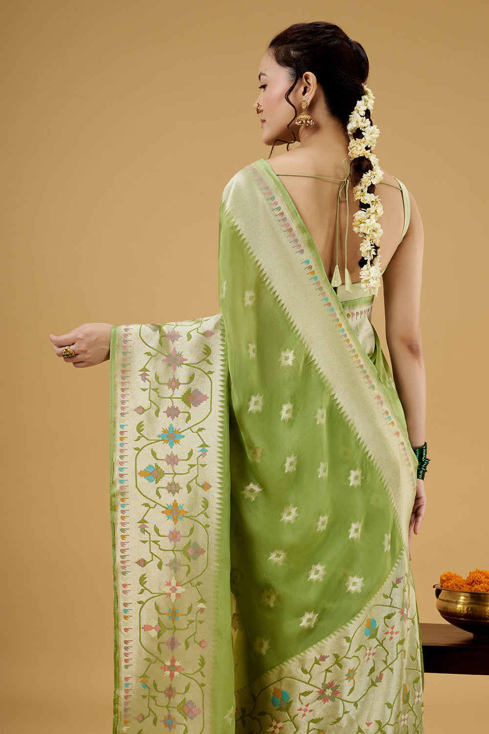 Green Tissue Saree with Multicolor Thread Work
