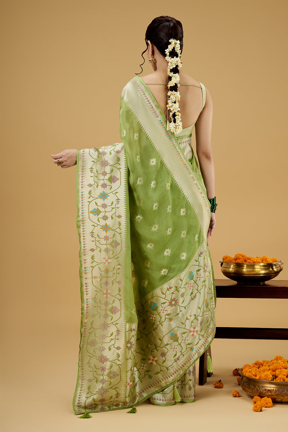 Green Tissue Saree with Multicolor Thread Work