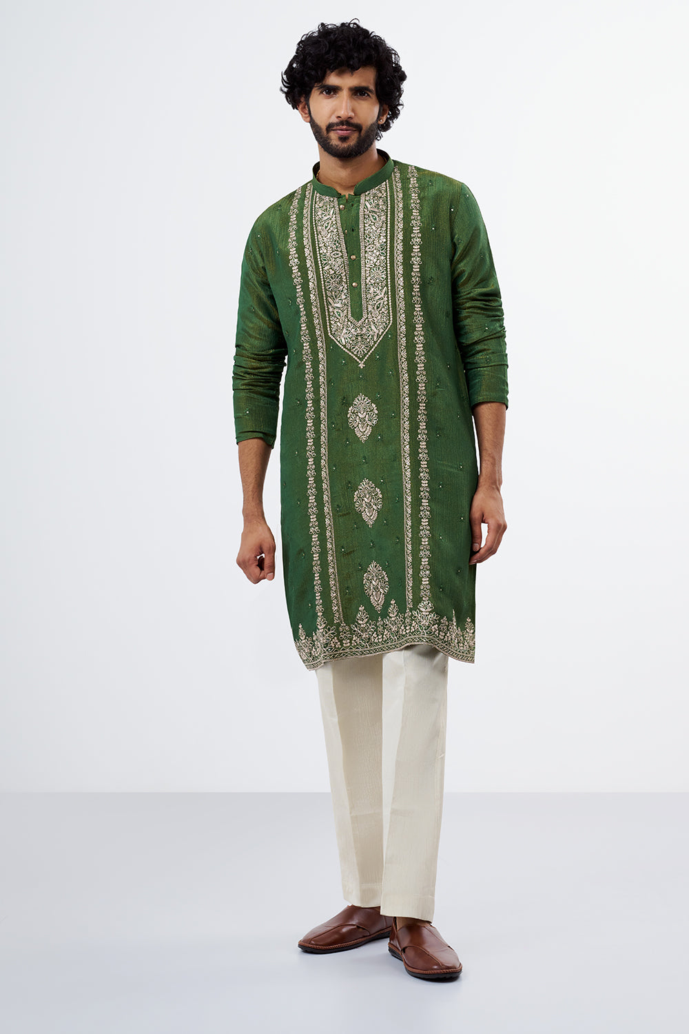 Green Tissue Silk Men's Kurta Set with Dori And Resham Work