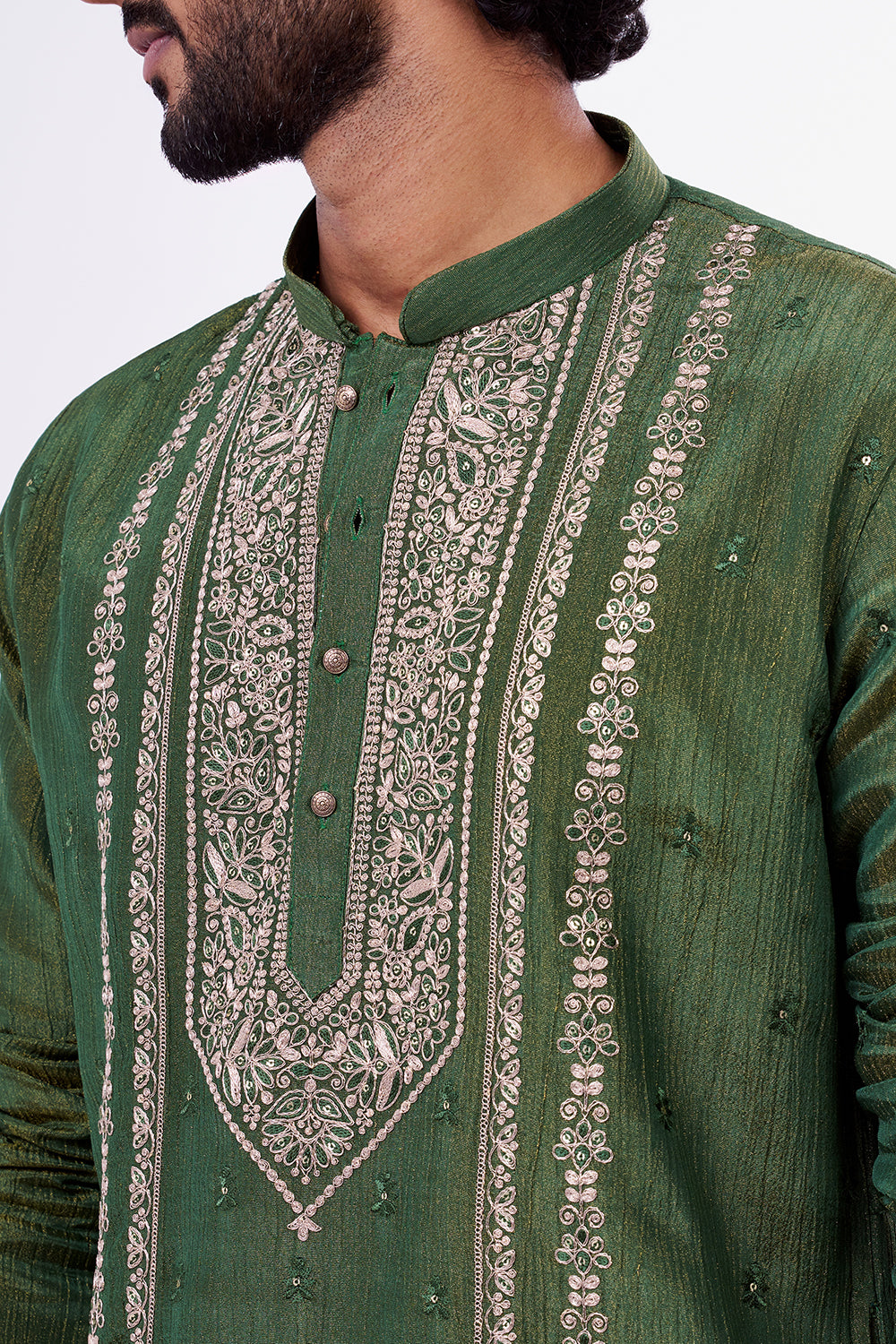 Green Tissue Silk Men's Kurta Set with Dori And Resham Work