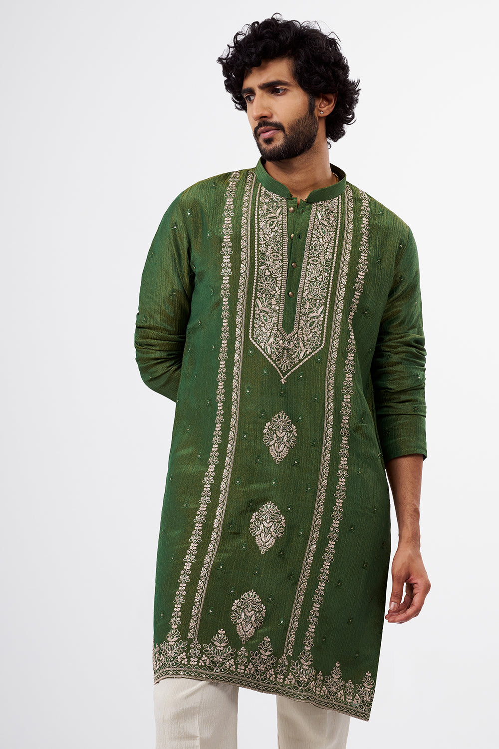 Green Tissue Silk Men's Kurta Set with Dori And Resham Work