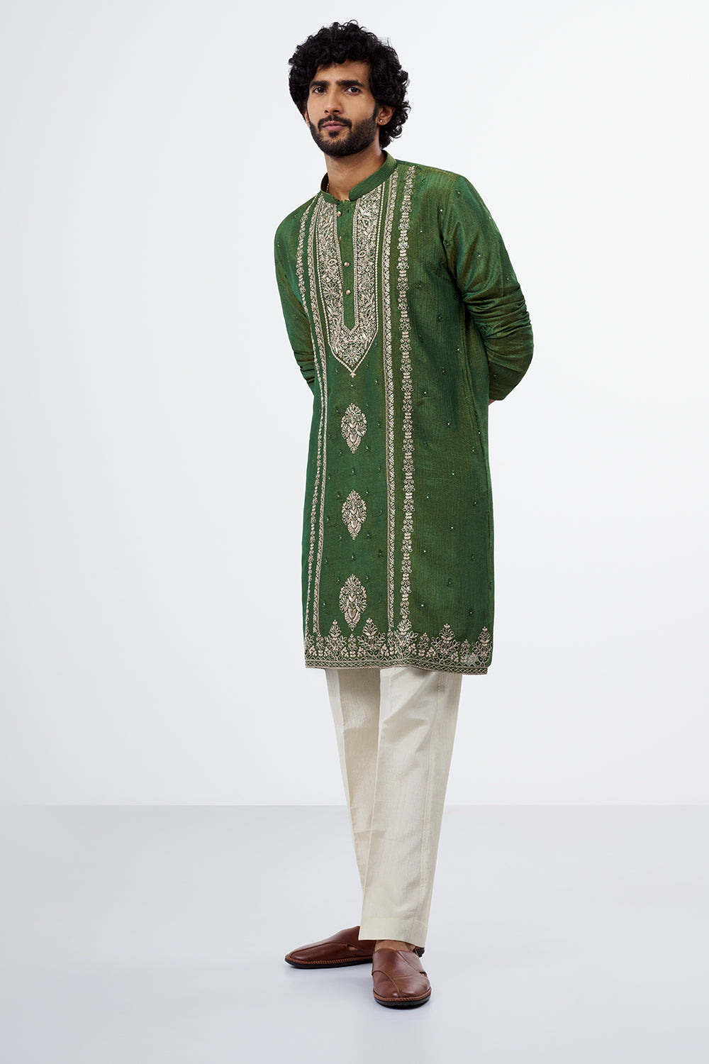 Green Tissue Silk Men's Kurta Set with Dori And Resham Work