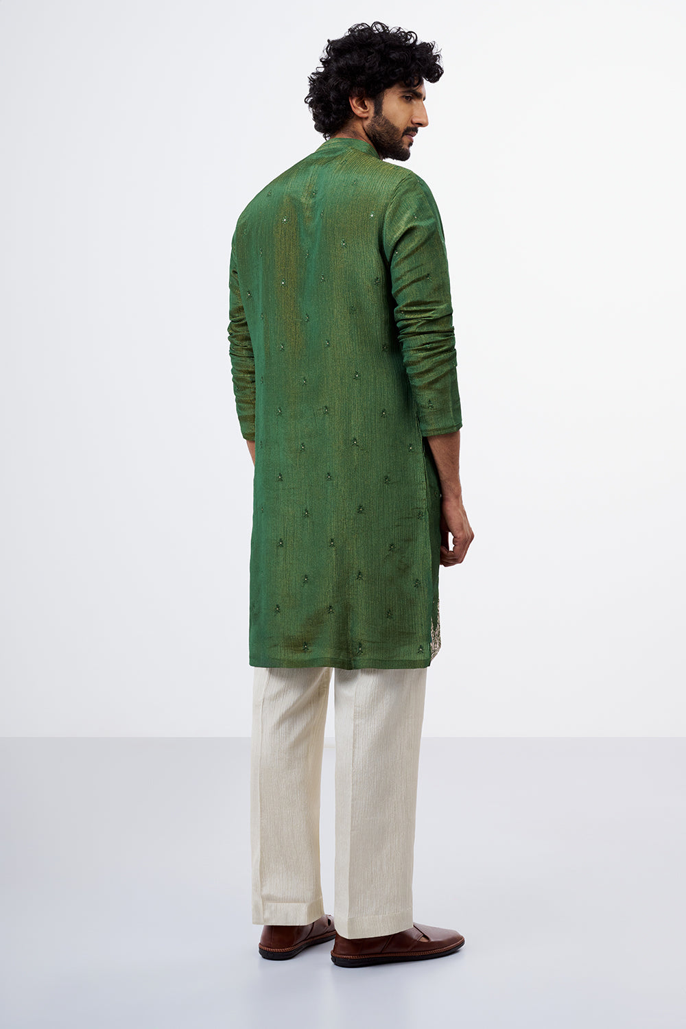 Green Tissue Silk Men's Kurta Set with Dori And Resham Work
