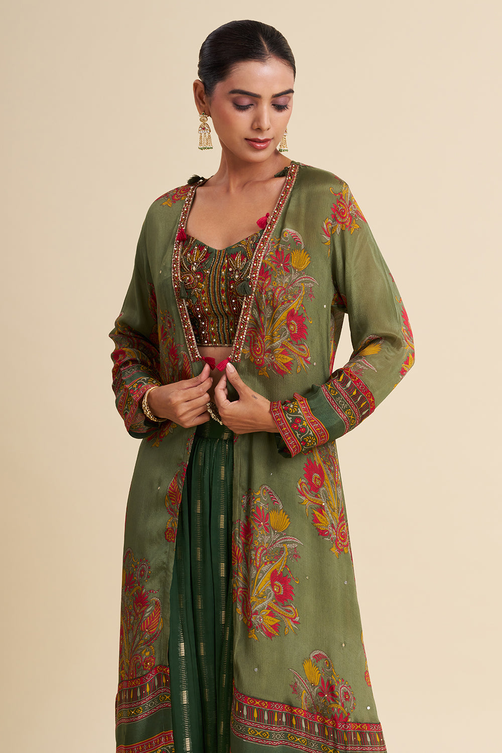 Green Viscose Georgette Cape Set with Printed Work