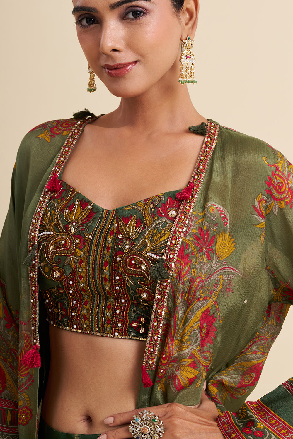 Green Viscose Georgette Cape Set with Printed Work