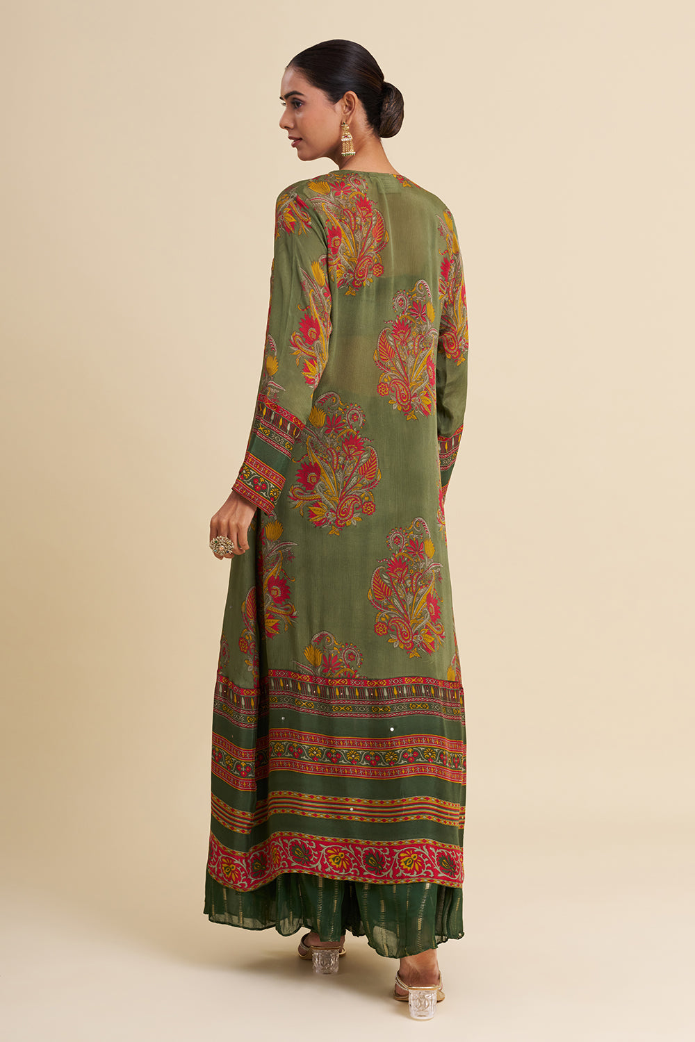 Green Viscose Georgette Cape Set with Printed Work