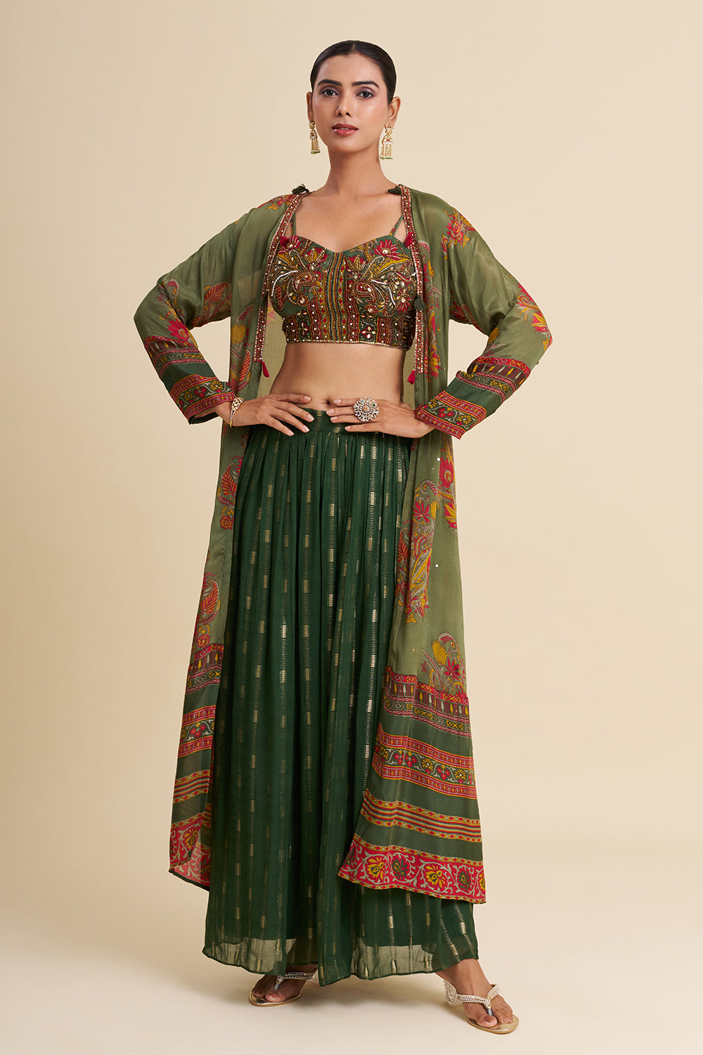 Green Viscose Georgette Cape Set with Printed Work