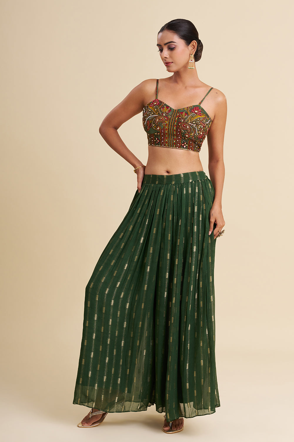 Green Viscose Georgette Cape Set with Printed Work