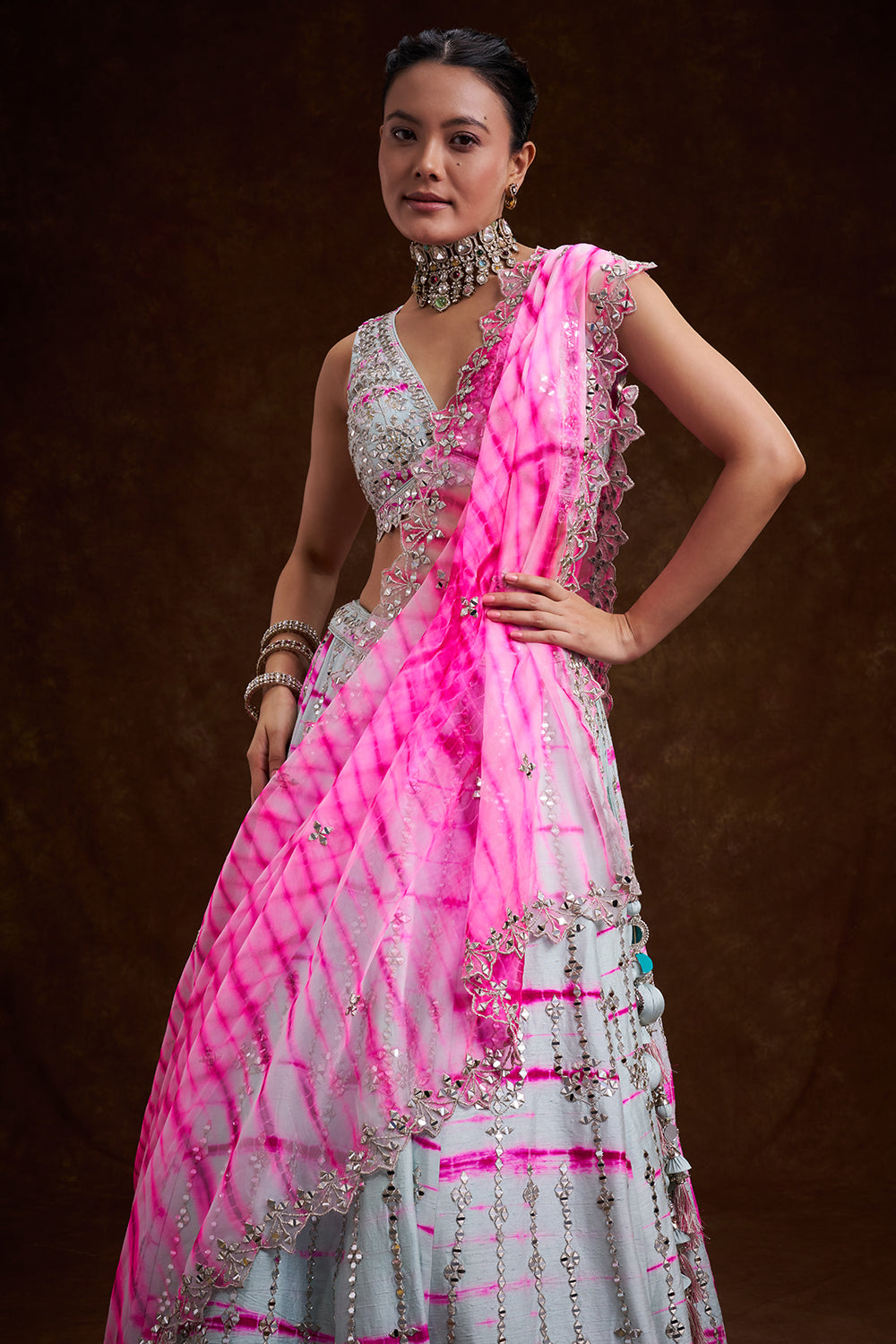Grey and Rani Raw Silk Contemporary Lehenga with Resham and Mirror Work