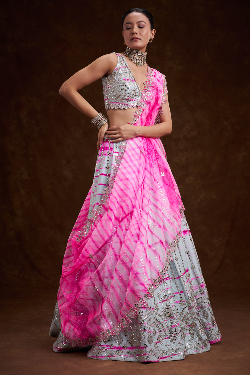 Grey and Rani Raw Silk Contemporary Lehenga with Resham and Mirror Work