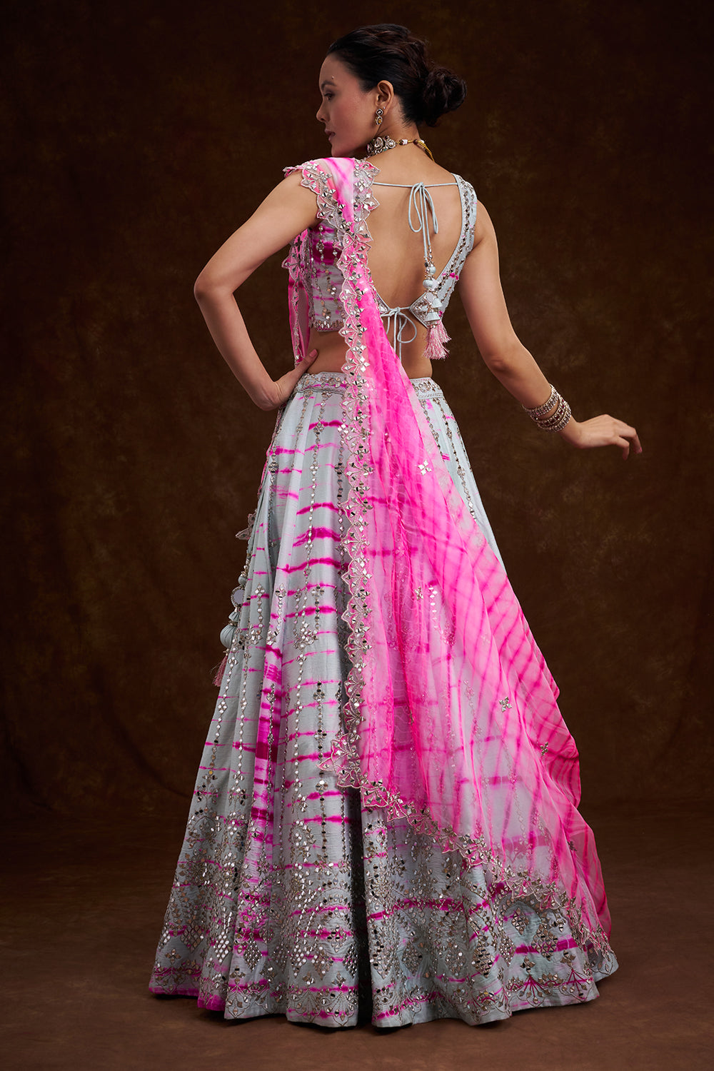 Grey and Rani Raw Silk Contemporary Lehenga with Resham and Mirror Work