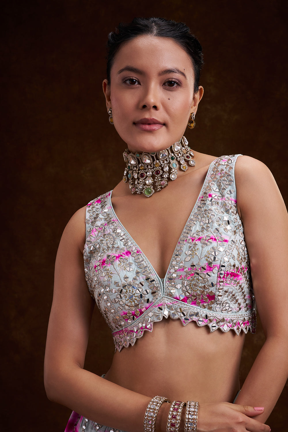Grey and Rani Raw Silk Contemporary Lehenga with Resham and Mirror Work