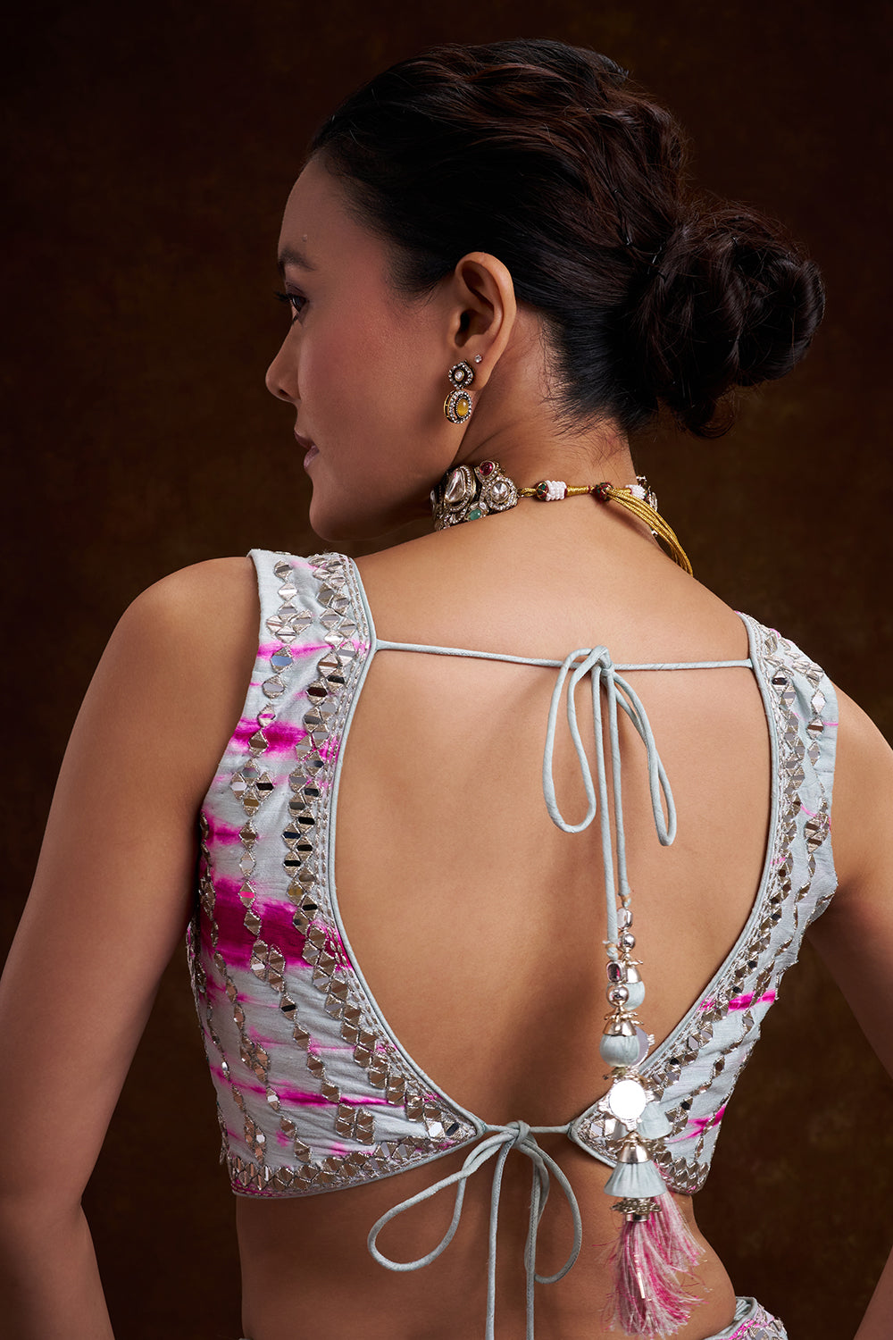 Grey and Rani Raw Silk Contemporary Lehenga with Resham and Mirror Work