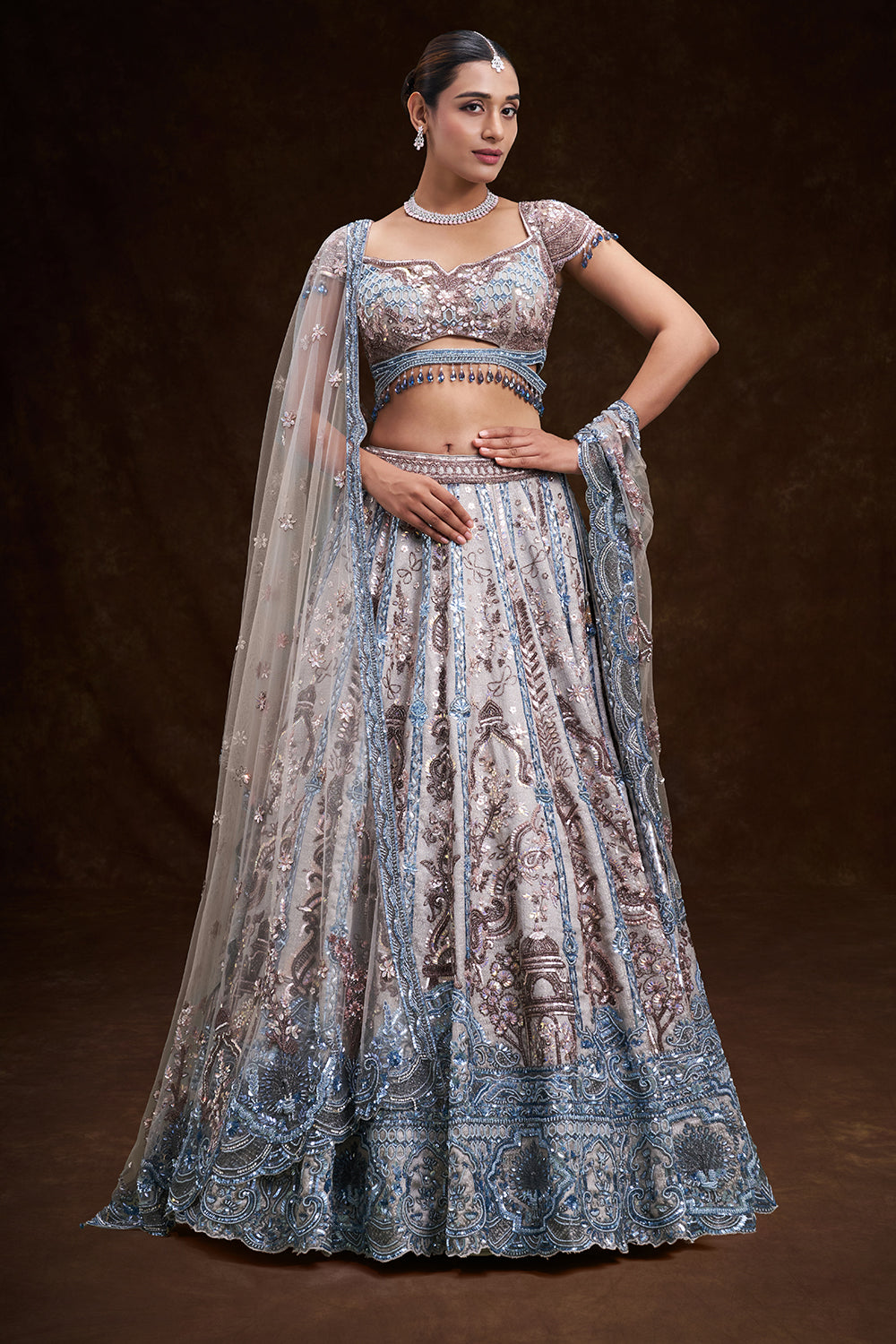 Grey and Sky Blue Taffeta Bridal Lehenga with Jharokha Motif Embroidery