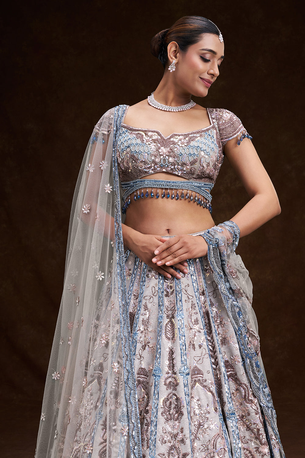 Grey and Sky Blue Taffeta Bridal Lehenga with Jharokha Motif Embroidery