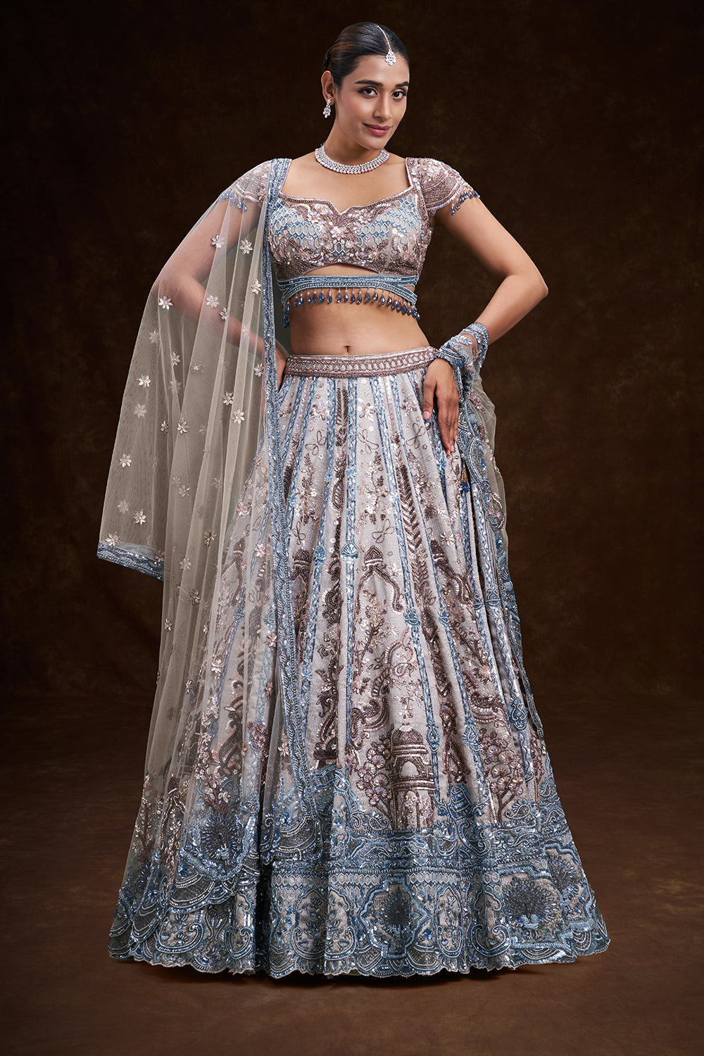 Grey and Sky Blue Taffeta Bridal Lehenga with Jharokha Motif Embroidery
