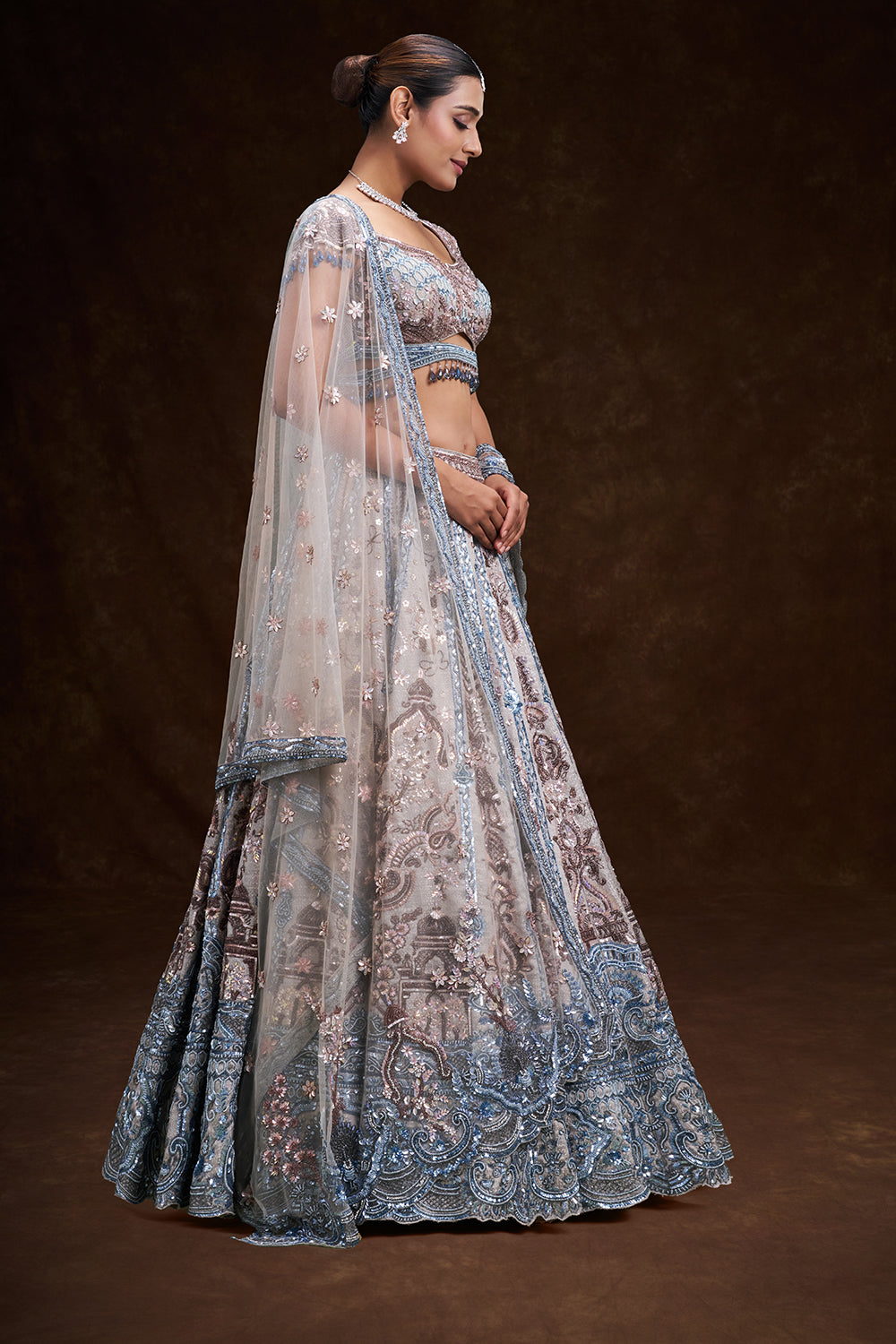 Grey and Sky Blue Taffeta Bridal Lehenga with Jharokha Motif Embroidery