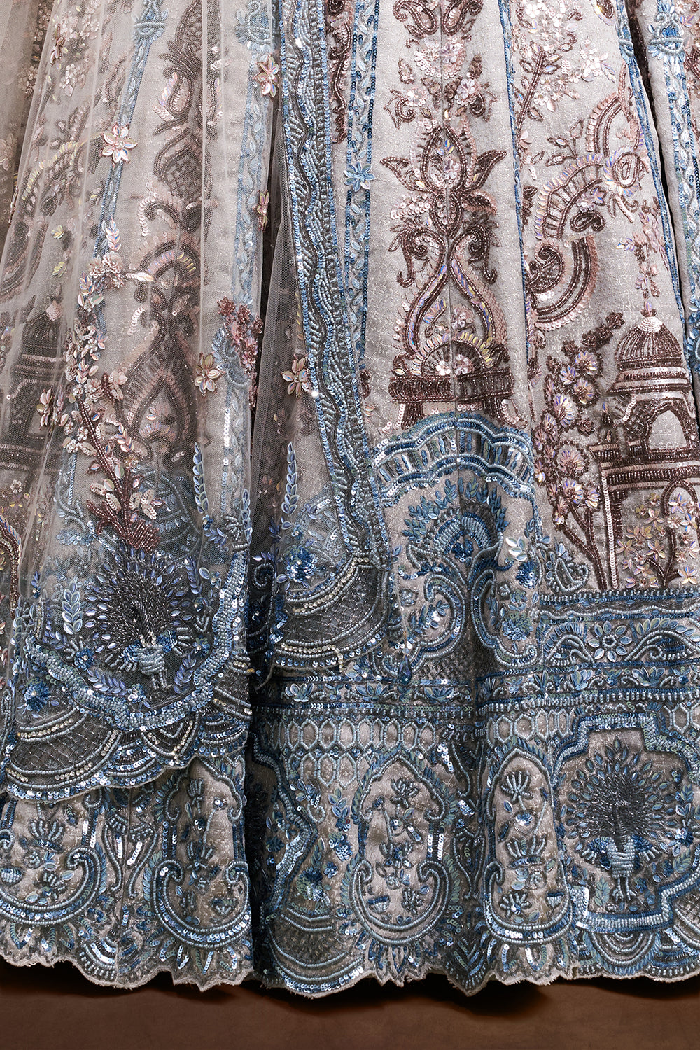 Grey and Sky Blue Taffeta Bridal Lehenga with Jharokha Motif Embroidery