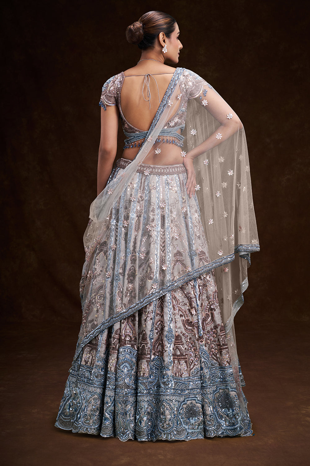 Grey and Sky Blue Taffeta Bridal Lehenga with Jharokha Motif Embroidery