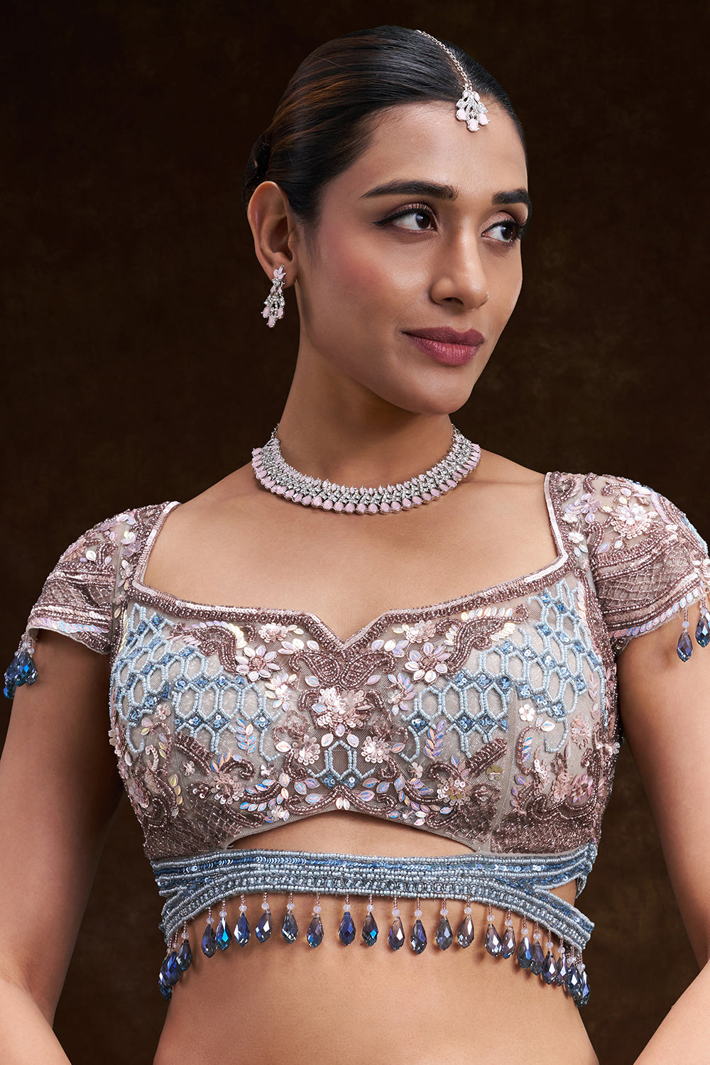Grey and Sky Blue Taffeta Bridal Lehenga with Jharokha Motif Embroidery