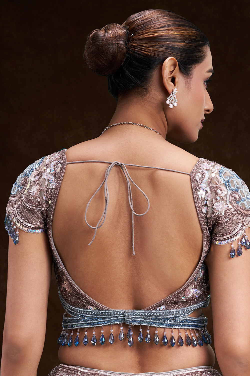 Grey and Sky Blue Taffeta Bridal Lehenga with Jharokha Motif Embroidery