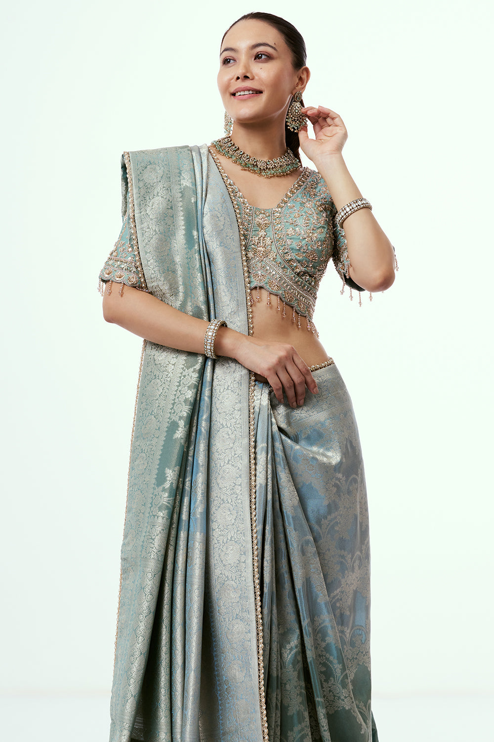 Grey Banarasi Tissue Silk Ready-to-Wear Saree with Stitched Blouse