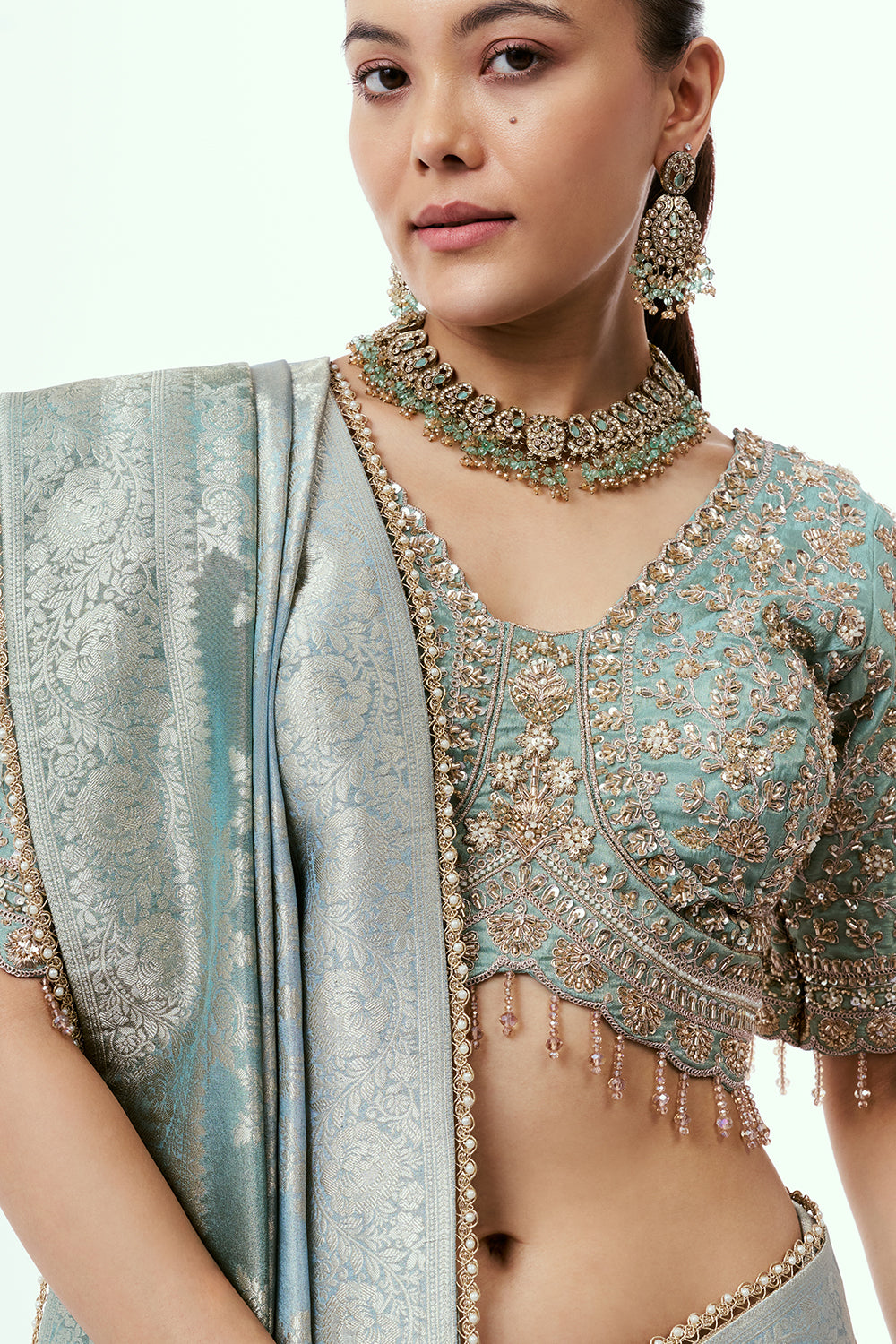 Grey Banarasi Tissue Silk Ready-to-Wear Saree with Stitched Blouse