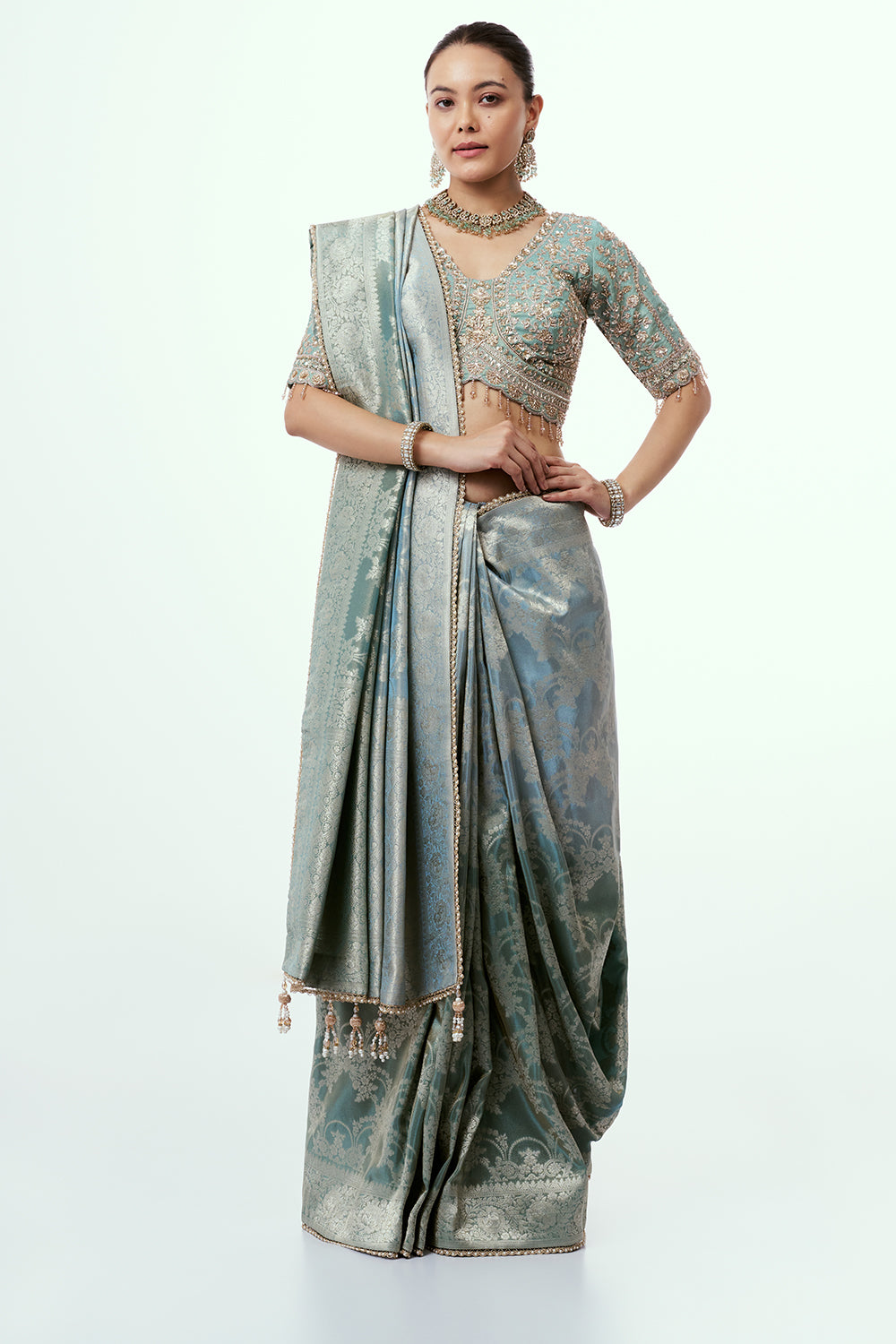 Grey Banarasi Tissue Silk Ready-to-Wear Saree with Stitched Blouse