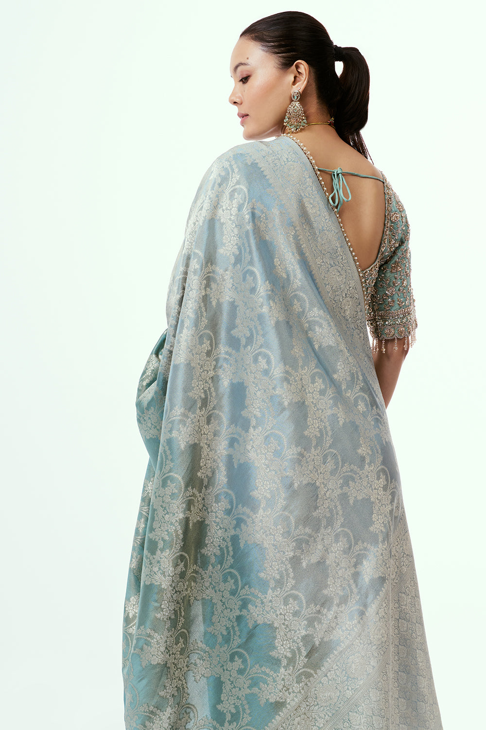 Grey Banarasi Tissue Silk Ready-to-Wear Saree with Stitched Blouse