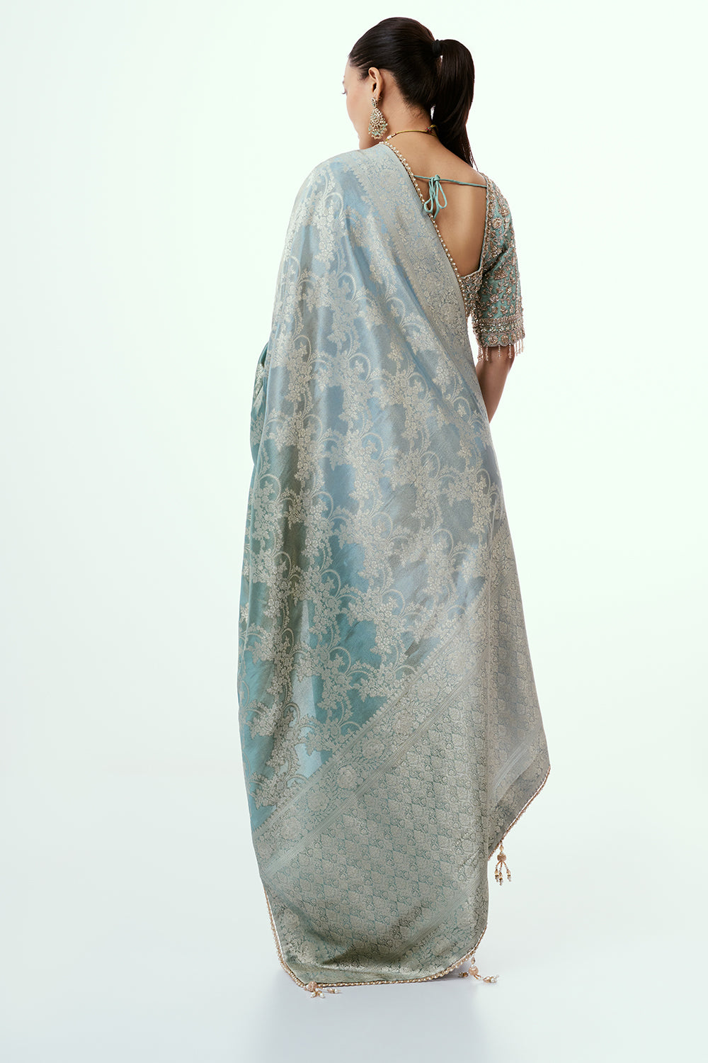 Grey Banarasi Tissue Silk Ready-to-Wear Saree with Stitched Blouse